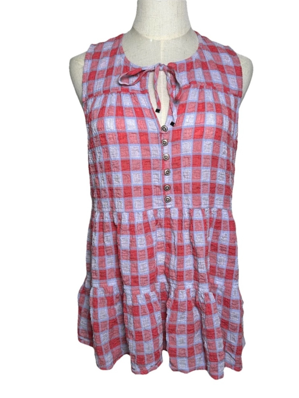 Anthropologie Pilcro Blue Red Plaid Swing Tank Small Cottage Boho Seersucker